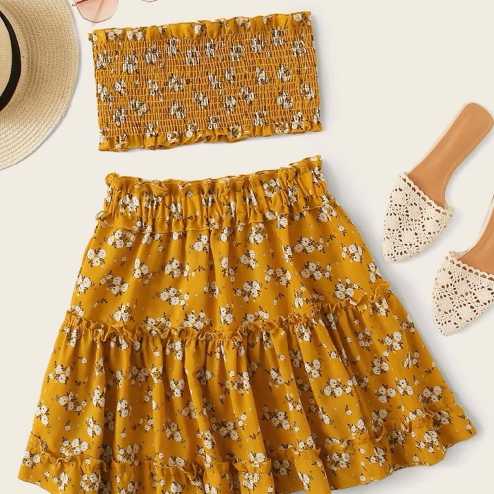 Lettuce Frill Shirred Tube Top With Ditsy Floral Skirt